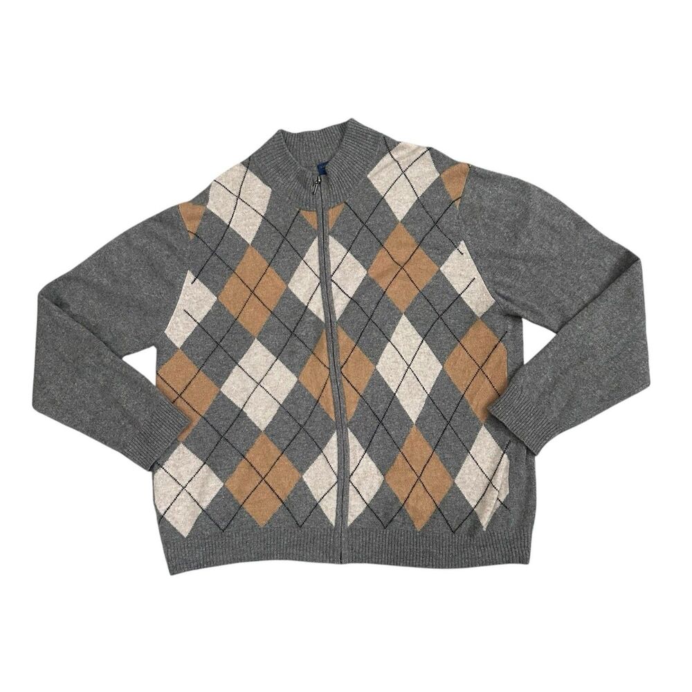 Joseph & Lyman Sweater Mens XL Gray Argyle Full Zip 100% Cashmere Cardigan